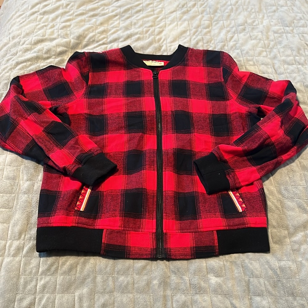 Ruff Hewn Buffalo Plaid Jacket, Embroidered Design, Red, Black, Boho, Size S